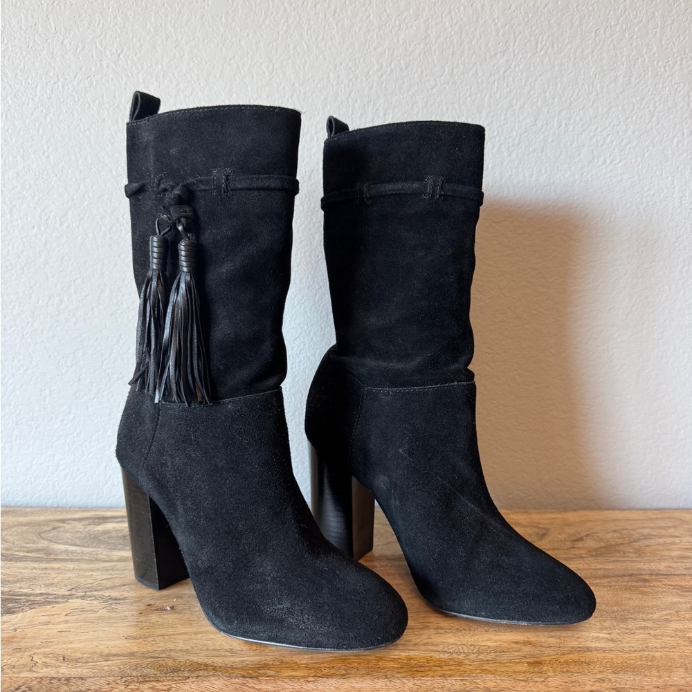 Vince Camuto - Suede black heeled boots w/tassles - mid-calf - 7.5
